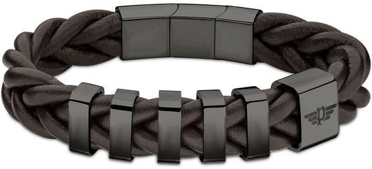 Armband med flätat mörkt band och silverfärgade metallänkar, rektangulär bricka