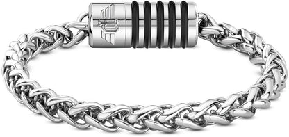 Armband i rostfritt stål med silverfärgad länkkedja och cylindrisk detalj med svarta räfflor