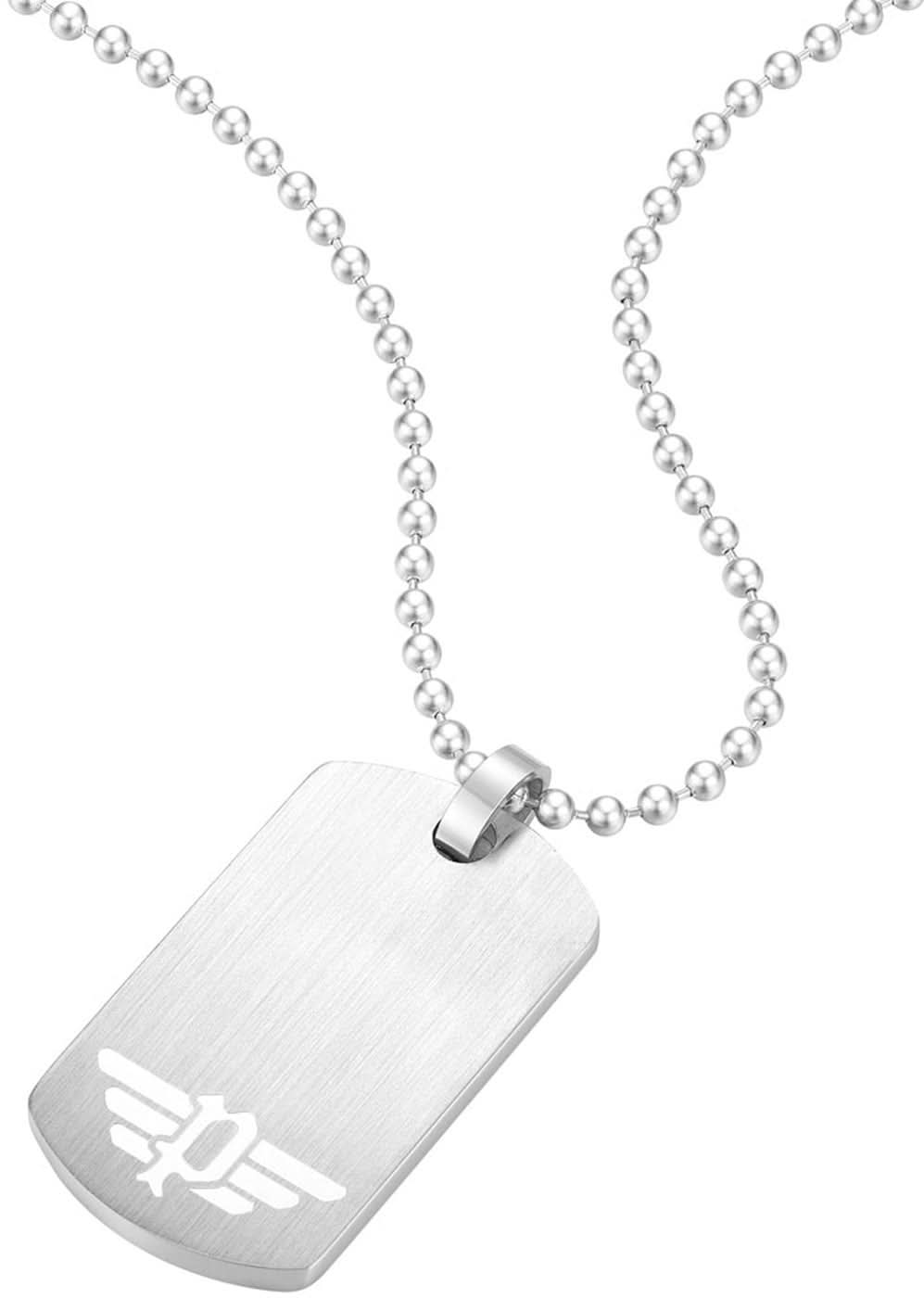 "Halsband med pärlkedja och stort rektangulärt hänge med logotyp, silverfärgad"