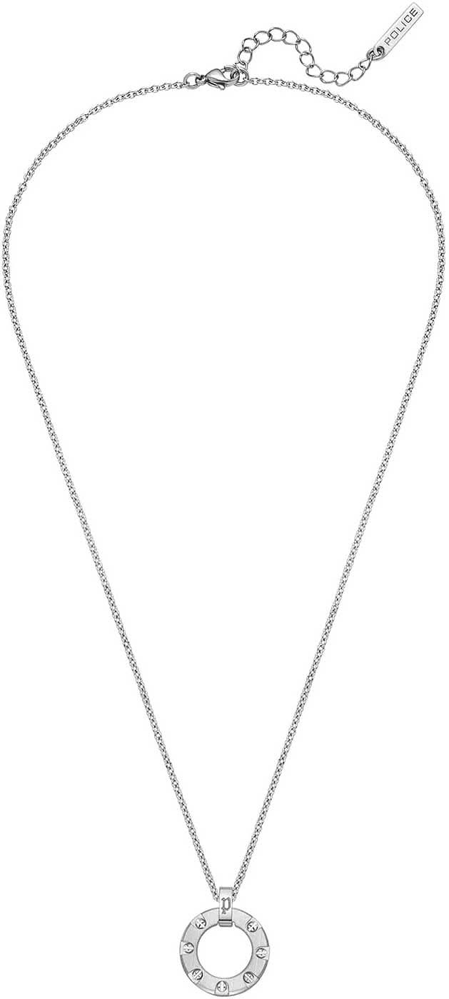 Halsband med runt silverfärgat hänge, kedjelås med karbinhake