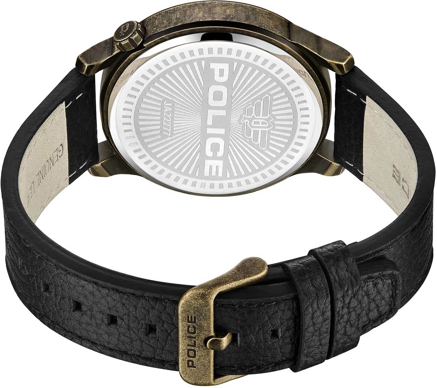 Herrarmbandsur med svart läderarmband, stiftspänne och vit urtavla med logotyp
