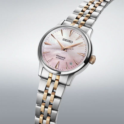 Seiko Presage damklocka, rund boett i silver/roséguld med pärlemorurtavla och länkarmband