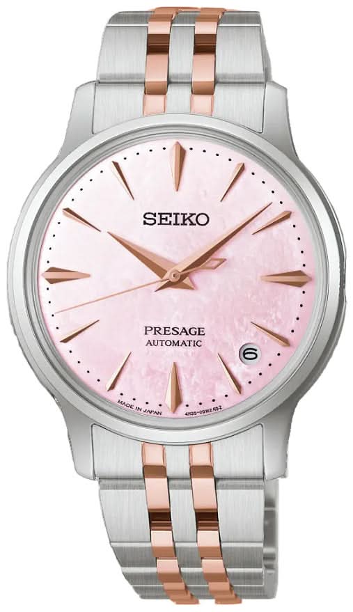 "Seiko Presage damklocka med pärlemorrosa urtavla, roséguldiga accenter och armband i metall"