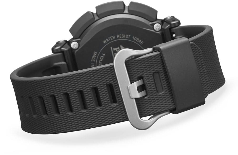 Herrklocka med svart armband och metallspänne, mörk boett med skruvar