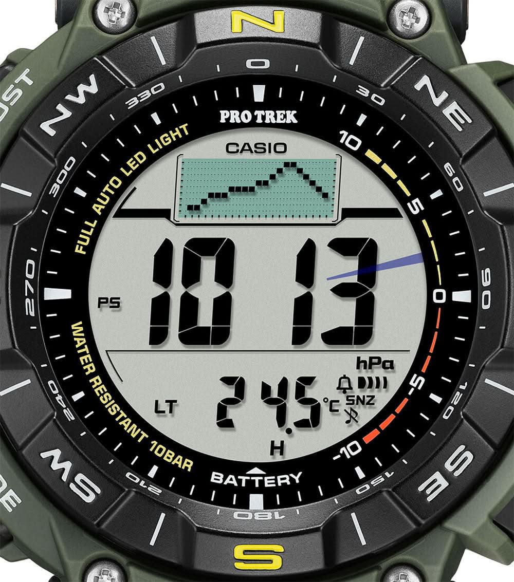 Herrklocka med digital display, stora siffror och kompass, mörkgrönt armband, svart.