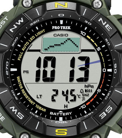 Herrklocka med digital display, stora siffror och kompass, mörkgrönt armband, svart.