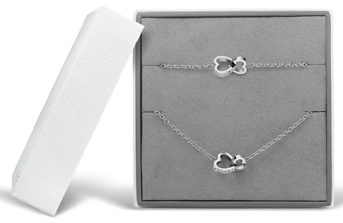 Bering-halsband i smyckesask med två hjärtformade hängen, silverfärgat