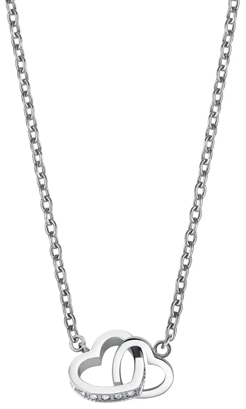 Bering halsband med hjärthänge, silverfärgat, med glittrande stenar