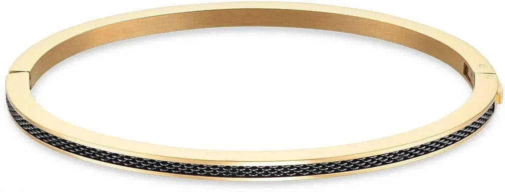 Armband i rostfritt stål i guldfärg med svart räfflat band