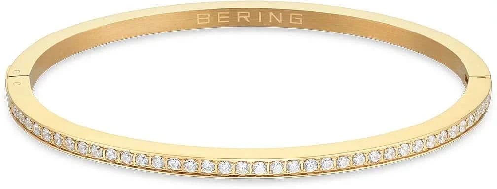 Armband i rostfritt stål i guldfärg med Bering-logotyp och dekorativa stenar längs kanten