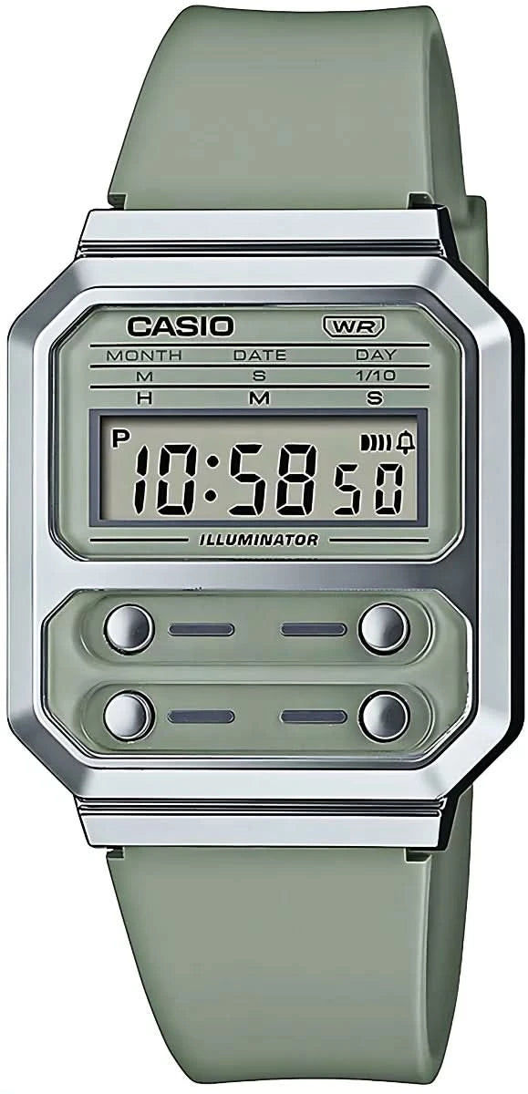 Casio Vintage-klocka med digital display och grönt silikonarmband