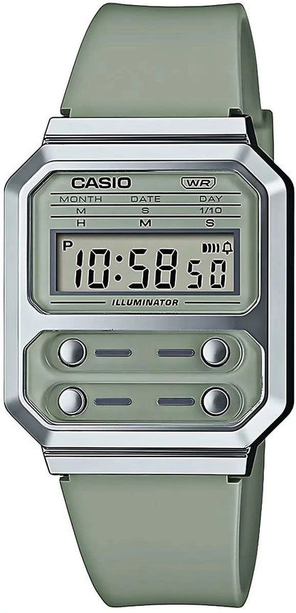 Casio Vintage-klocka med digital display och grönt silikonarmband