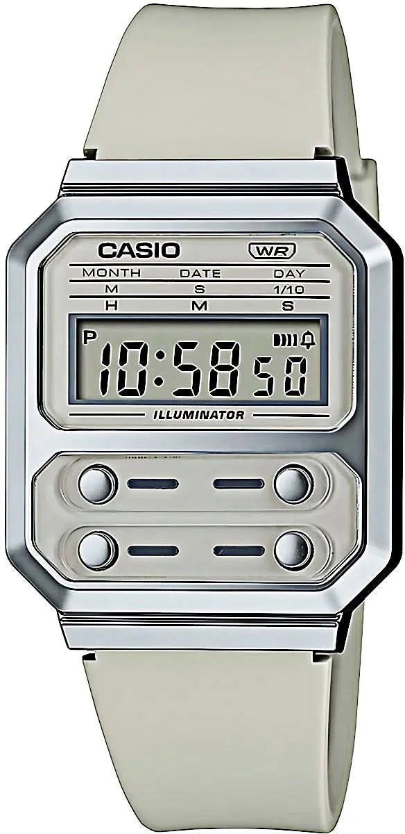 Casio digital klocka med rektangulär urtavla, silverfärgat hölje och ljusgrått silikonarmband