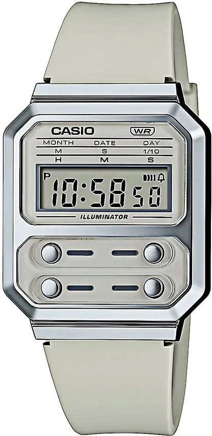 Casio digital klocka med rektangulär urtavla, silverfärgat hölje och ljusgrått silikonarmband