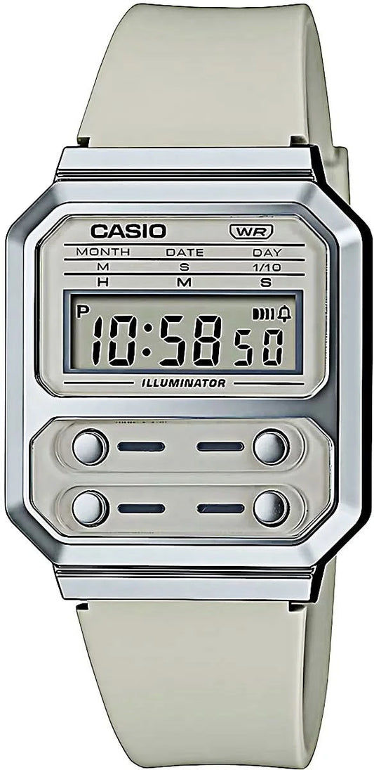 Casio digital klocka med rektangulär urtavla, silverfärgat hölje och ljusgrått silikonarmband