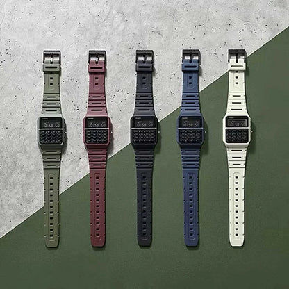 Digitala retroarmbandsur i fem bandfärger: olivgrön, vinröd, svart, blå, vit