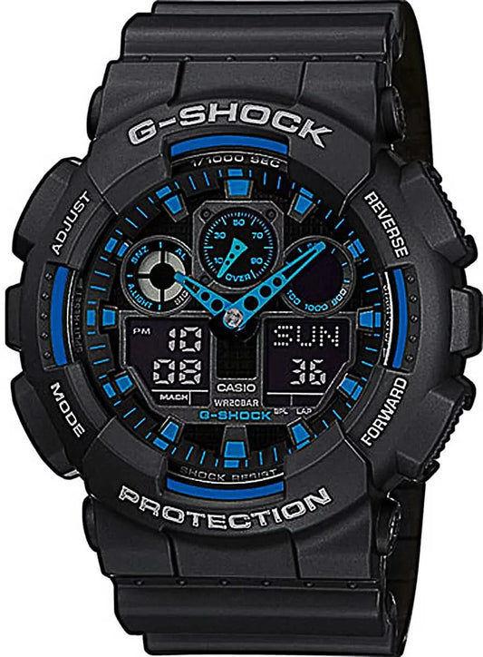 Casio G-Shock herrarmbandsur med svart boett och blå urtavla