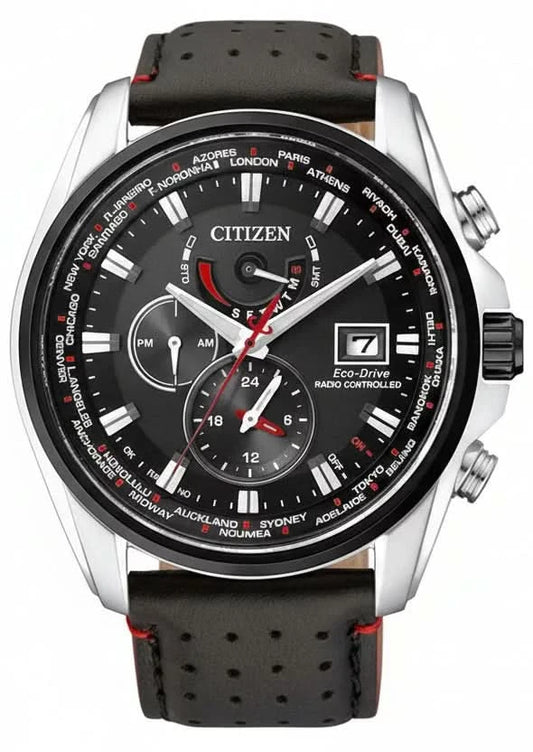 Citizen herrklocka med svart urtavla, självlysande visare och svart läderarmband