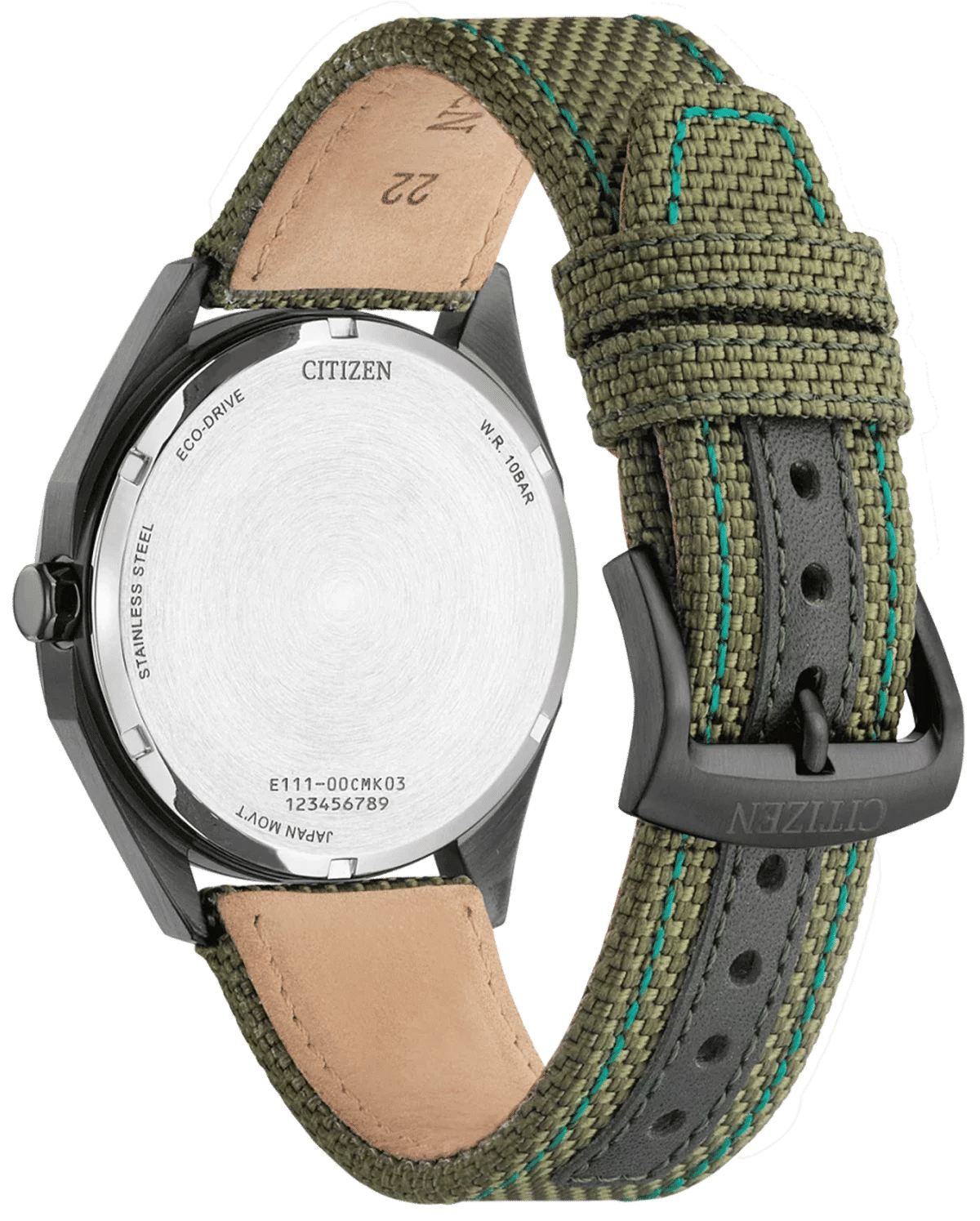 Herrarmbandsur baksida med silverfärgat boett och grönt textilarmband