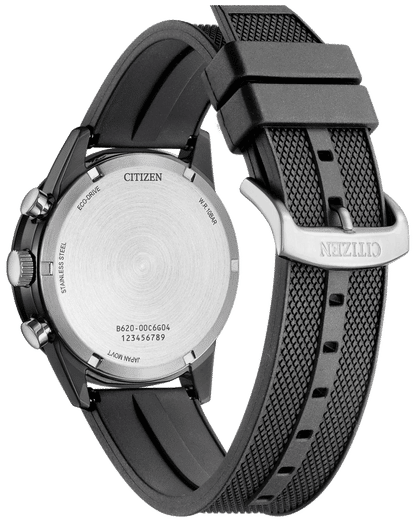 Baksida Citizen Eco-Drive kronograf herrklocka med svart gummiarmband och prägling