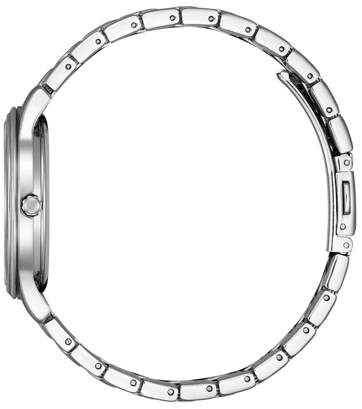 "Damklocka med armband och boettprofil i silverfärgat rostfritt stål, sidovy"
