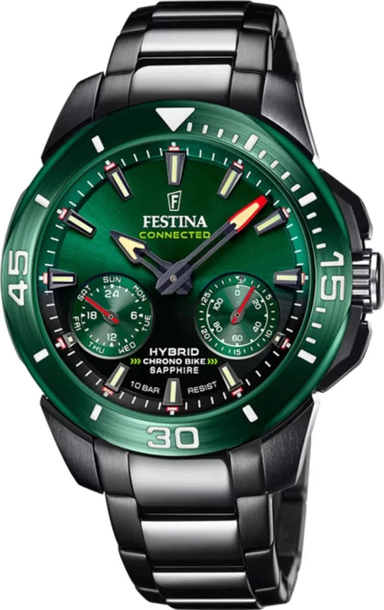 Festina herrur med grön urtavla, svart metallband och kronograf-suburtavlor