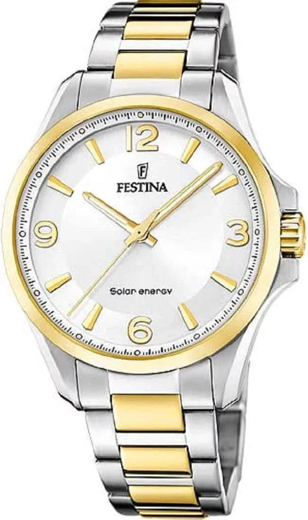 Festina Solar-herrur bicolor silver/guld, vit urtavla, index, metallänk