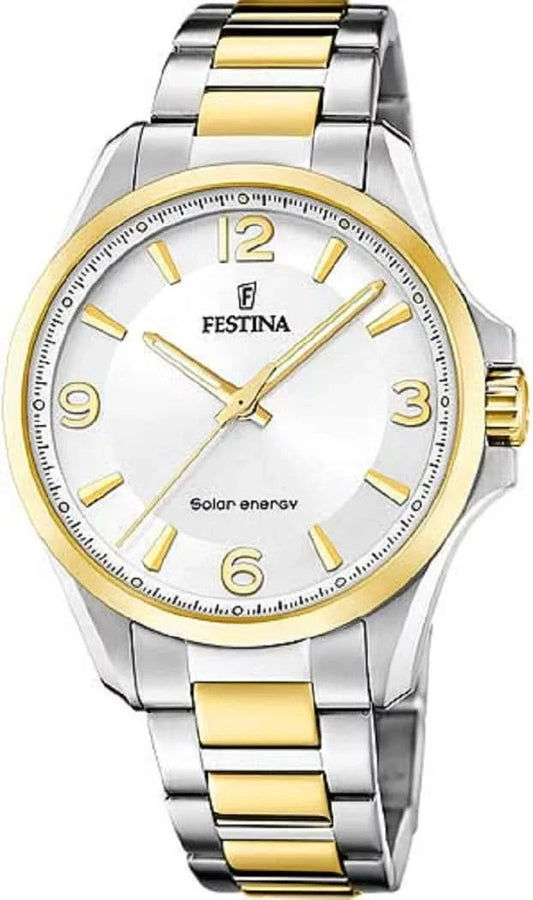 Festina Solar-herrur bicolor silver/guld, vit urtavla, index, metallänk