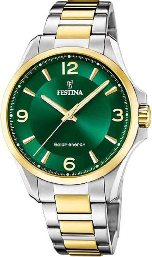 Festina Herrklocka Solar, bicolor stål/guld, grön urtavla med index och visare
