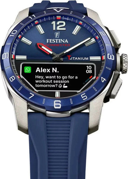 Festina Connected herrur, blå urtavla med stora siffror och silikonband