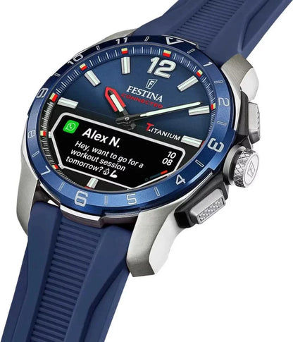 Festina Connected herrklocka med blått silikonarmband och synliga tryckknappar