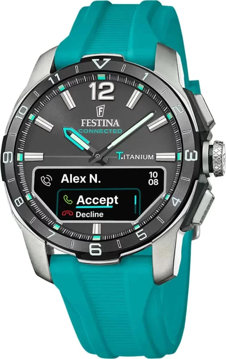 Festina Connected herrur: svart urtavla, titanring, turkosfärgat silikonarmband.