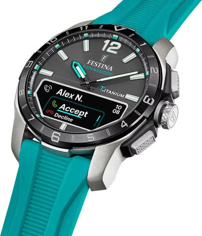 Festina Connected herrklocka snett: svart urtavla, självlysande visare, turkosfärgat armband.