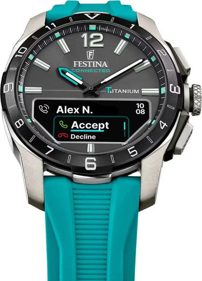 Festina Connected herrur med svart urtavla, självlysande index och turkos armband.
