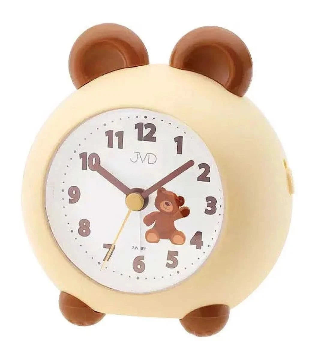Barnväckarklocka med björnmotiv, beige hölje och bruna öron, rund urtavla