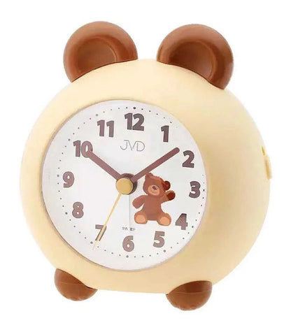 Barnväckarklocka med björnmotiv, beige hölje och bruna öron, rund urtavla