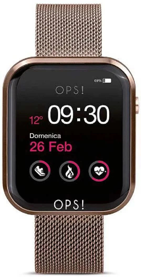 Unisex smartklocka med beigt metallflätat band och mörk urtavla, rektangulärt hölje