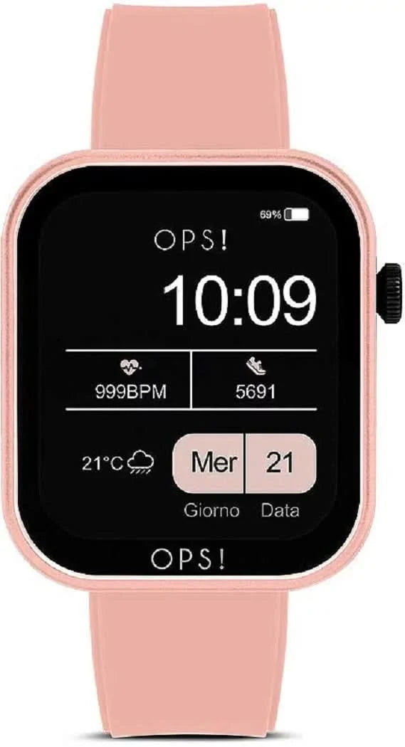Rosa smartwatch med fyrkantig skärm, tid 10:09 och sportdata