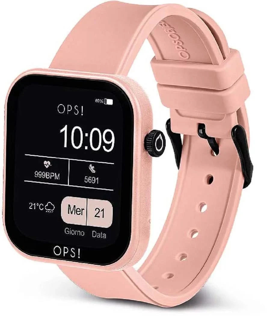 Rosa smartwatch med display 10:09, sidoknapp och armband med hålmönster