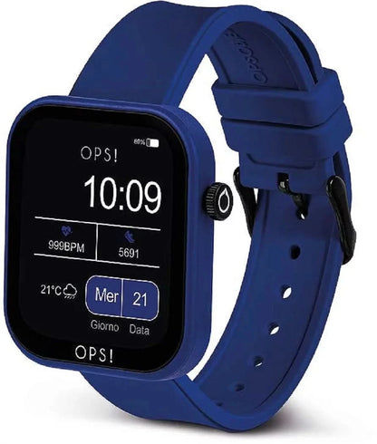 Smartklocka med blått silikonarmband, svart urtavla och sidoknapp