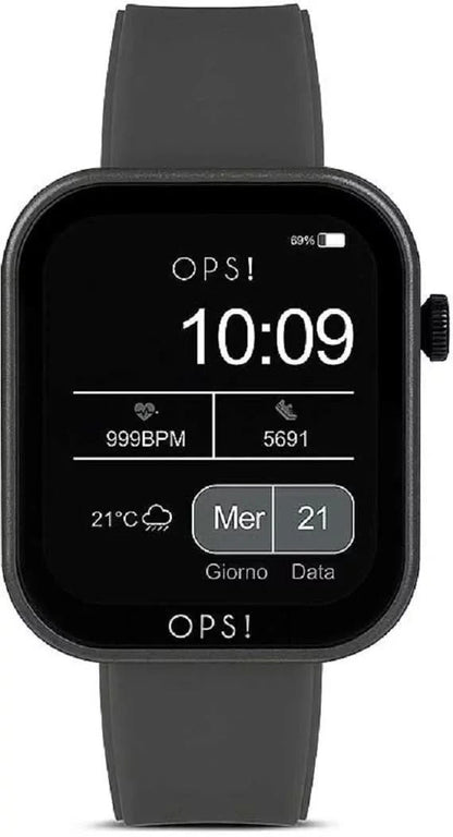 OPS! Smartklocka med svart display och grått armband i silikon, frontvy