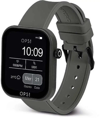 OPS! Smartklocka med grått armband, sidoknapp och vinklad skärm