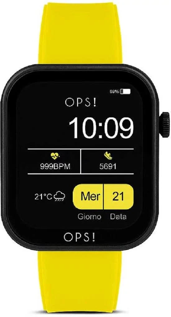 Unisex smartklocka med svart urtavla och gult silikonarmband, 10:09