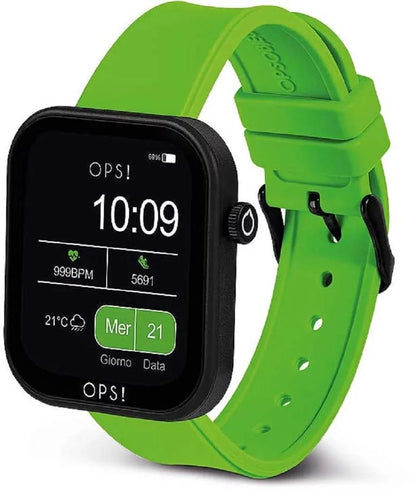 Unisex smartklocka med grönt silikonarmband, svart urtavla och krona på kanten
