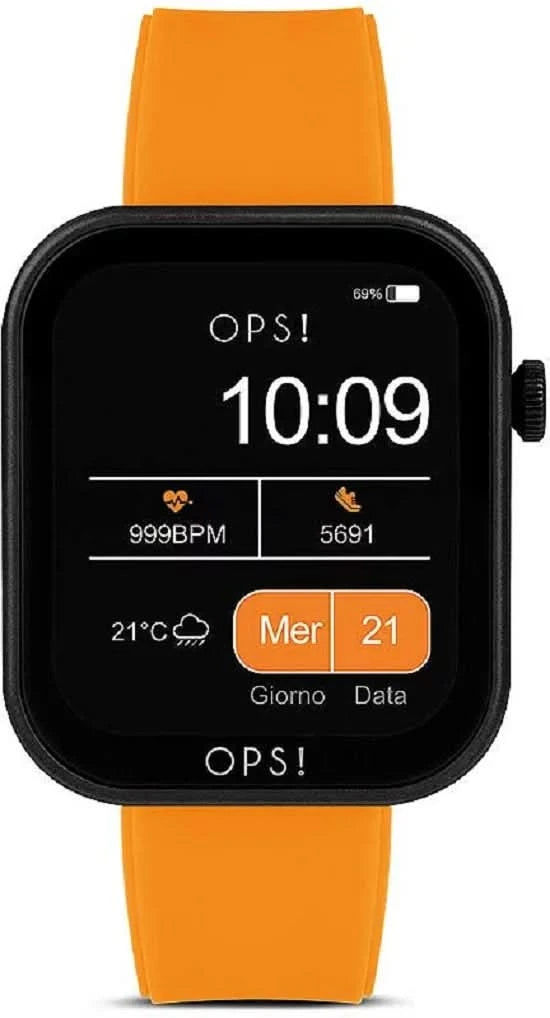 Unisex smartklocka med orange silikonarmband och svart display, visning 10:09
