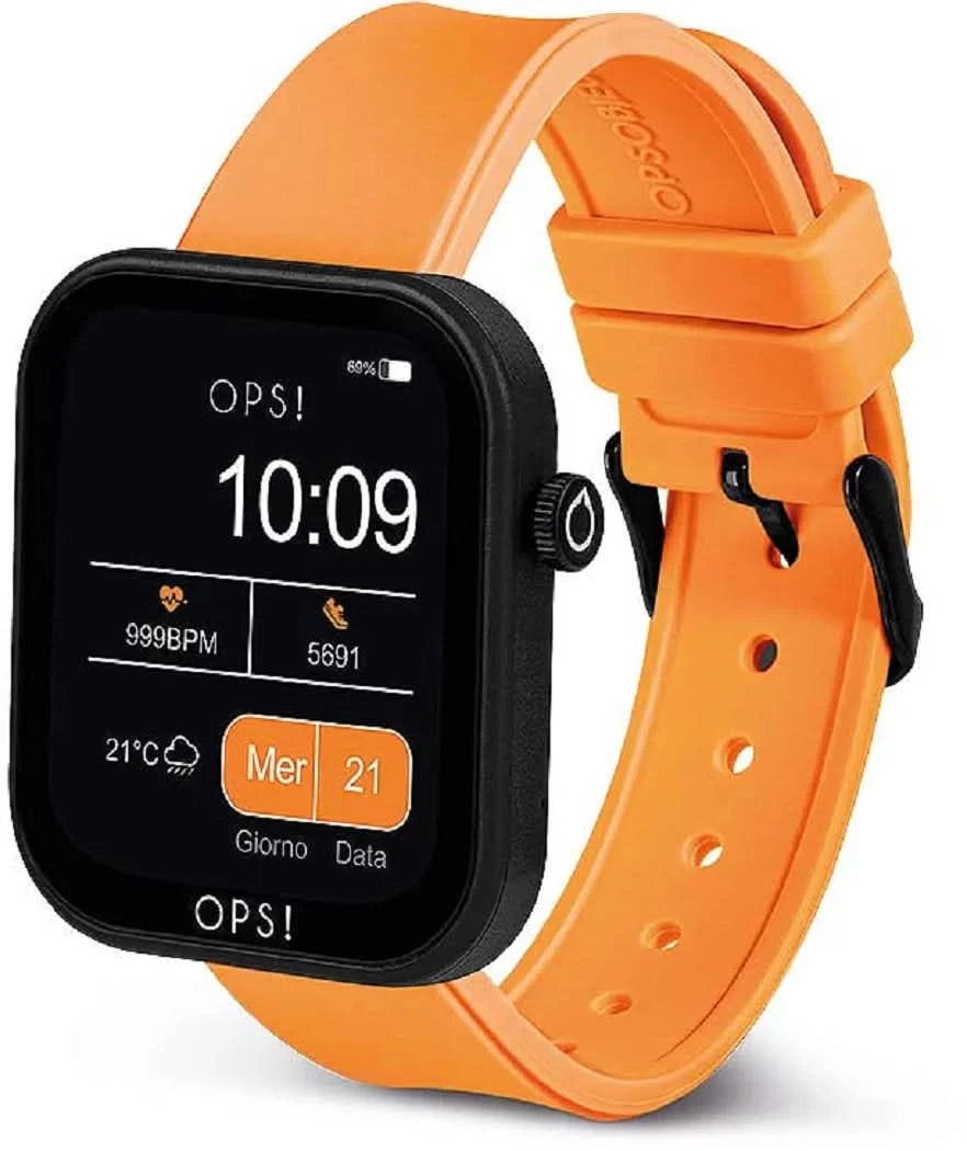 Unisex smartklocka med orange silikonarmband, sidovy och display som visar 10:09