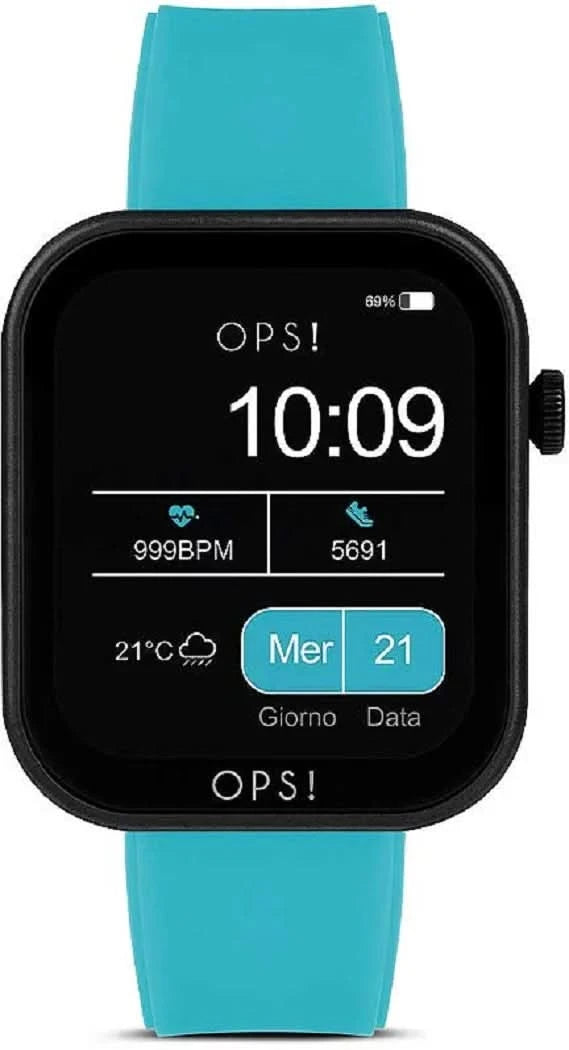 Smartklocka med blått silikonarmband, rund skärm och digital tid 10:09.