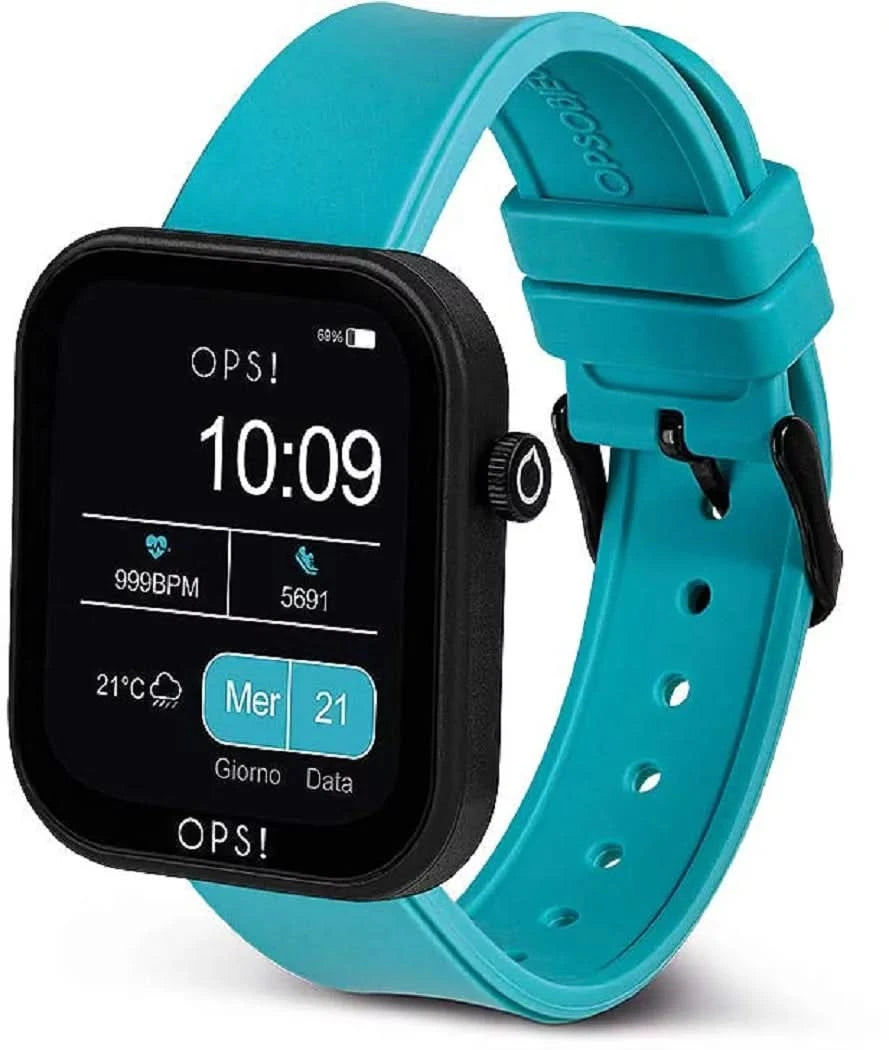Smartklocka med turkos silikonarmband och sidokrona, display 10:09.