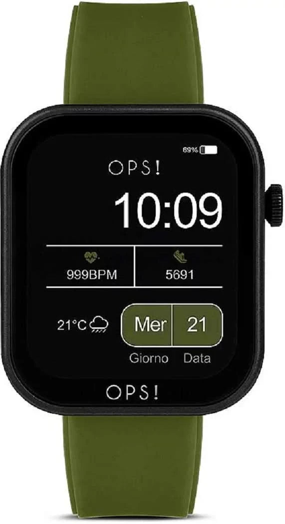 Smartklocka med grönt armband och svart urtavla, klockan är 10:09