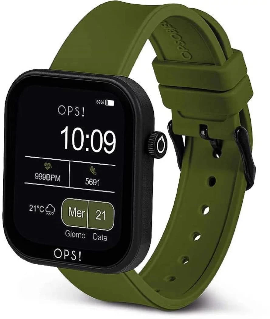 Smartklocka med grönt silikonarmband, svart urtavla och sidokrona